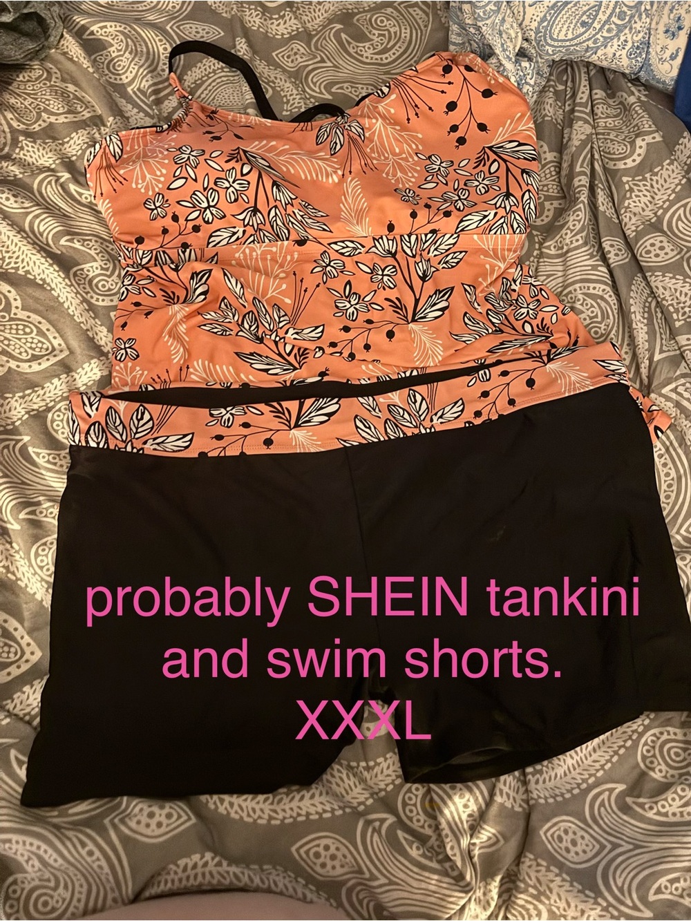 SHEIN Orange Floral Tankini Top with Black Swim Shorts